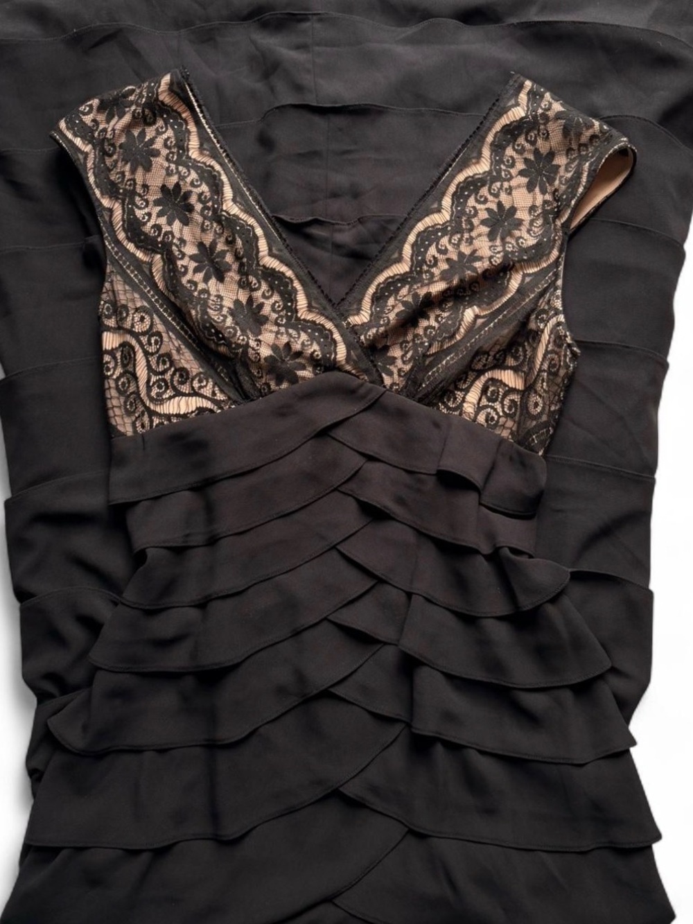 Adrianna Papell Lace Evening Dress with Tiered Ruffle Layers